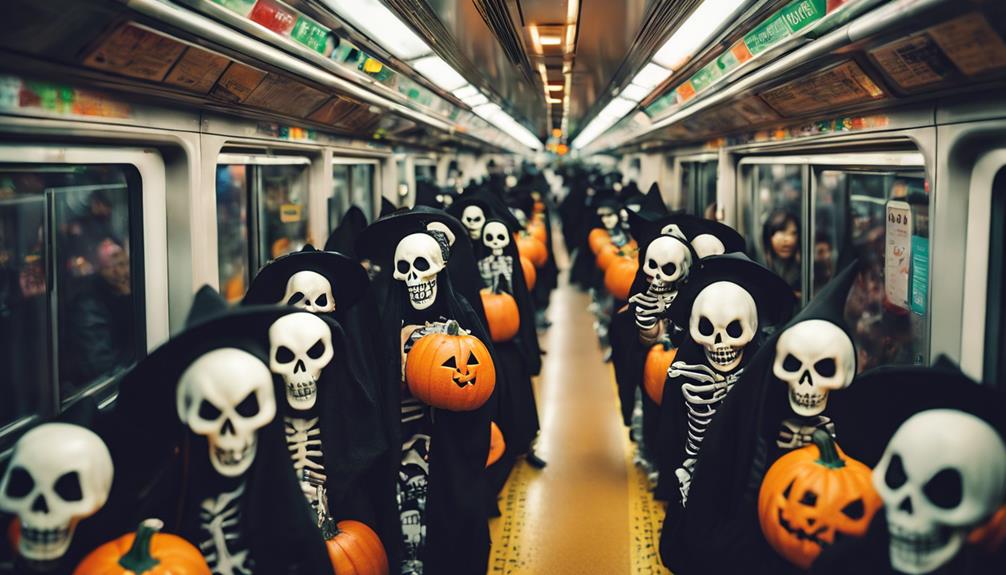 costumed riders on trains