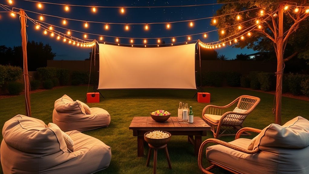Outdoor Movie Night: Setup and Snacks 6 comfortable seating and lighting