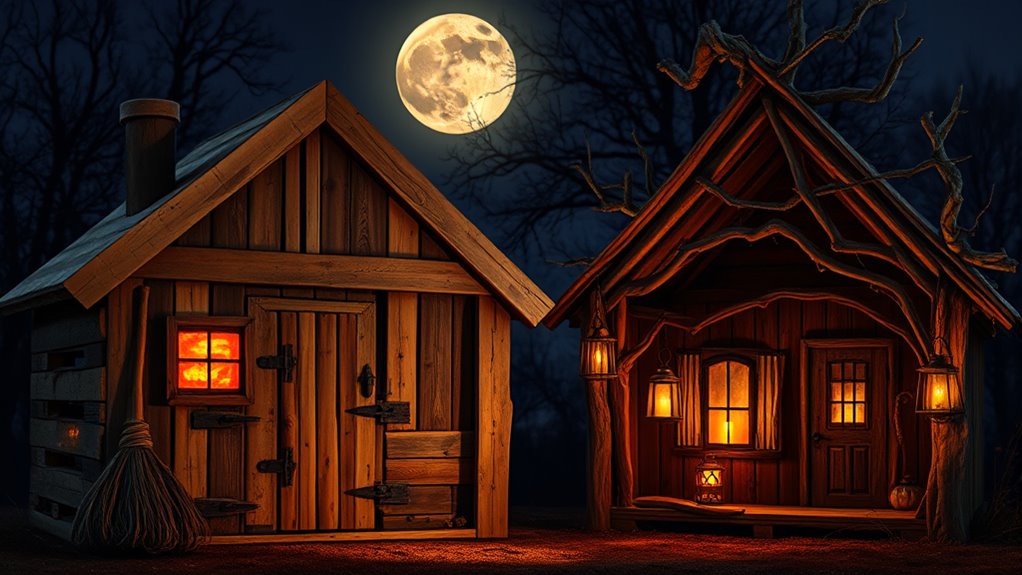 spooky crooked illuminated huts