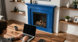 A Bold Blue Fireplace Is the Striking Focal Point of This Home Office