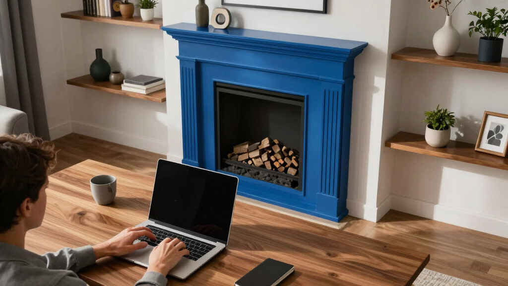 A Bold Blue Fireplace Is the Striking Focal Point of This Home Office